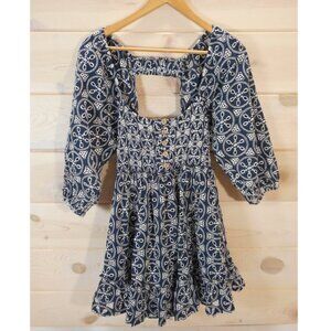 Lucca Women's S Smocked Mini Dress Navy White Eyelet Embroidery Puff Sleeve